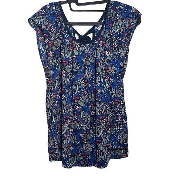LC Lauren Conrad Blue Floral Cap Sleeve Blouse, Tie At Neck, Lightweight, Medium - Picture 1 of 11